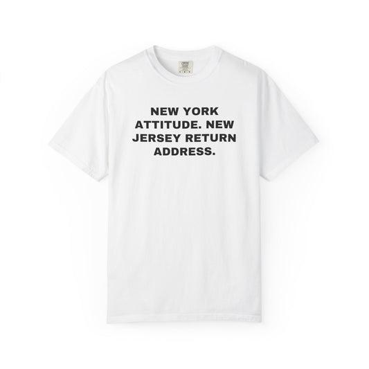 NEW YORK CITY FANS — NEW YORK ATTITUDE. NEW JERSEY RETURN ADDRESS. — White shirt, front view